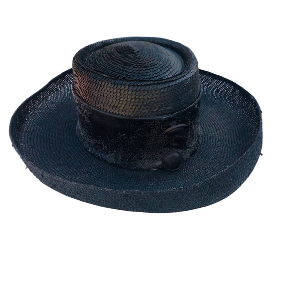 Vintage Whittall & Shon Black Straw Button Detail Made in USA Hat - Picture 1 of 12